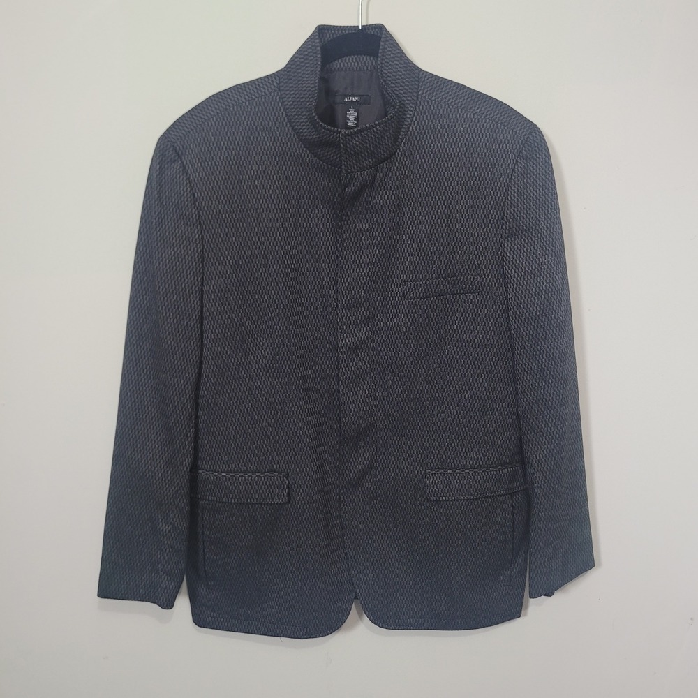 Alfani Size L Blazer Jacket Mens Gray Textured Mock Neck Zip Up Snap Front
